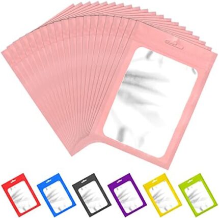 100 Pieces Resealable Mylar Bags with Ziplock and Clear Window Bags Packaging Bags Foil Pouch Ziplock Bags for Food Self Sealing Storage Supplies (Pink, 3.54x6.29 inches)