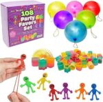 108 Pcs Party Favors for Kids, Goodie Bags Birthday Stuffers, Punch Balloons, Mini Coil Spring, Stretchy Bendable Man, Birthday Halloween Gifts, Sensory Fidget Toys, Treasure Prize Box Toys