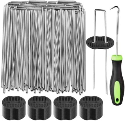 121 Packs Garden Stakes Kit, 60 Pack 6 Inch Heavy Duty Landscape Staples with 60 Fixing Gasket and 1 Pick Hook, U Shaped Anti-Rust Galvanized Garden Staples for Holding Fence and Artificial Turf