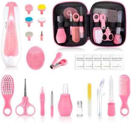 Baby Grooming Kit - 26 in 1 Nursery Essentials Baby Registry Shower Gift for Newborns, Infants, Toddlers, Boys, Girls Kids-Safety Baby Comb, Brush, Finger Toothbrush, Nail Clippers, Scissors(Pink)