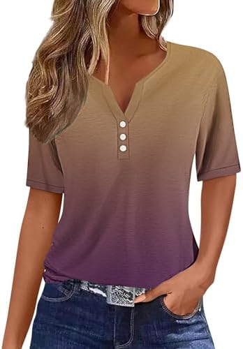 Summer Tops for Women 2024 Trendy V Neck T Shirt Gradient Color Printed Short Sleeve Shirts Casual Loose Comfy Tunics