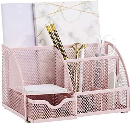 Annova Mesh Desk Organizer Office with 7 Compartments + Drawer/Desk Tidy Candy/Pen Holder/Multifunctional Organizer (Light Pink)