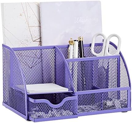 Annova Mesh Desk Organizer Office with 7 Compartments + Drawer/Desk Tidy Candy/Pen Holder/Multifunctional Organizer (purple)