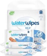 WaterWipes Plastic-Free Original Baby Wipes, 99.9% Water Based Wipes, Unscented & Hypoallergenic for Sensitive Skin, 300 Count (5 packs), Packaging May Vary