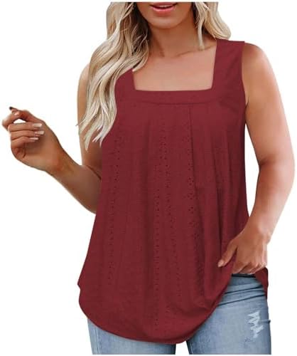 Womens Plus Size Tank Tops Summer Sleeveless Loose Fit Pleated Shirts Square Neck Tunics Eyelet Flowy Tees