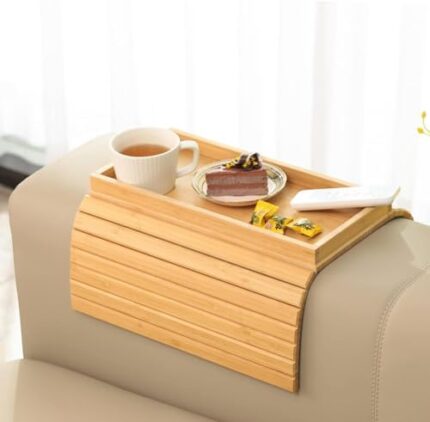 Sofa Arm Tray Bamboo Sofa Tray Table for Couch, Sofa Armrest Tray Table Anti-Slip Arm Table Clip On Tray Sofa Table, Couch Cup Holder for Snacks,Phone,Control,Cups,Flexible and Foldable