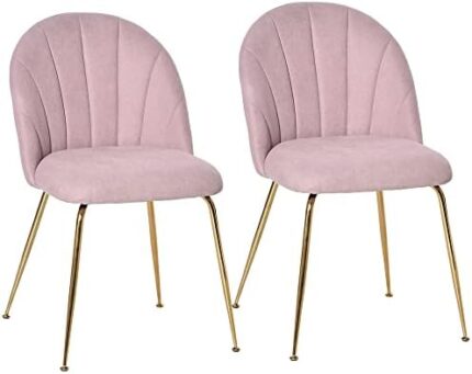 HOMCOM Modern Dining Chairs Set of 2, Upholstered Kitchen Chairs, Accent Chair with Gold Metal Legs for Kitchen, Dining Room, Pink