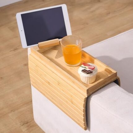 Sofa Arm Tray Bamboo Sofa Tray Table for Couch, Sofa Armrest Tray Table Anti-Slip Arm Table Clip On Tray Sofa Table, Couch Cup Holder for Snacks,Phone,Control,Cups,Flexible and Foldable