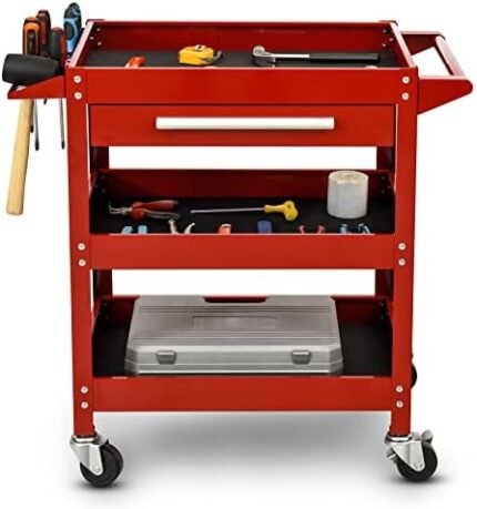 Happytools 3 Tier Tool Cart on Wheels, Heavy Duty Industrial Utility Service Cart with Drawer, Rolling Mechanic Tool Box Organizer for Garage Warehouse Workshop Repair Shop, 330 LBS Capacity (Red)