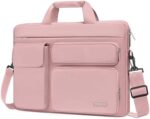 MOSISO Laptop Shoulder Bag Compatible with MacBook Air 15 inch M3 M2 2024 2023/Pro 16 M3 M2 M1 2024-2019,15-15.6 inch Notebook with 2 Raised&1 Flapover&1 Horizontal Pocket&Handle&Belt, Pink