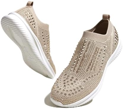 LUCKY STEP Women's Rhinestone Mesh Slip On Walking Shoes Fashion Sneaker