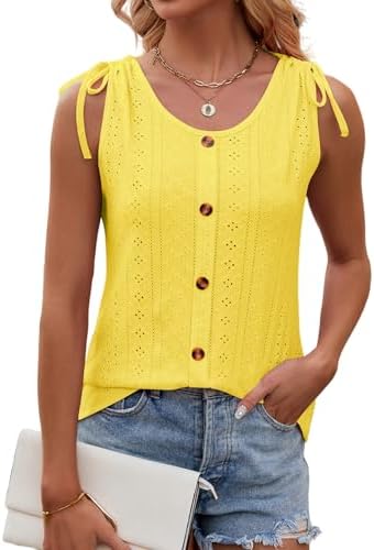 isermeo Tank Tops for Women Eyelet U Neck Drawstring Strap Shoulder 2024 Trendy Summer Tops S-XXL