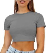 Yihaojia Crop Tops for Teen Girls,Summer Short Sleeve Y2K Workout Basic Tees Slim Fit Casual Blouse for Women 2023 Trendy