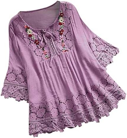 Yihaojia Women Summer Lace Tops Plus Size Summer Tops Short Sleeve Tunic Shirt Lace Crochet Boho O-Neck Swing Blouse Dressy