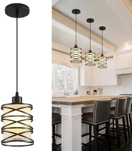 2 Pack Pendant Light Kitchen Island Pendant Lighting, Hanging Light with Spiral Cage Frosted Glass Shade, Black Modern Indoor Hanging Lamp for Dining Room Kitchen Island