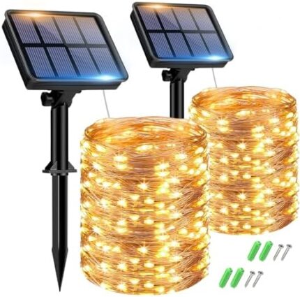 2 Pack Solar String Lights Outdoor, Total 300LED 110FT Solar Fairy Lights Waterproof 8 Modes Copper Wire Solar Powered String Lights for Outdoor Patio Garden Wedding Tree Party Xmas Decor(Warm White)