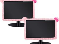 2 Pcs 20''-29'' Kawaii Computer Monitor Cover with Cat Ear Design, Furry Cute Pink Monitor Dust Cover Protector Lovely Monitor Accessories Laptop TV LCD Screen Monitor Decoration for Tablet Desk Decor