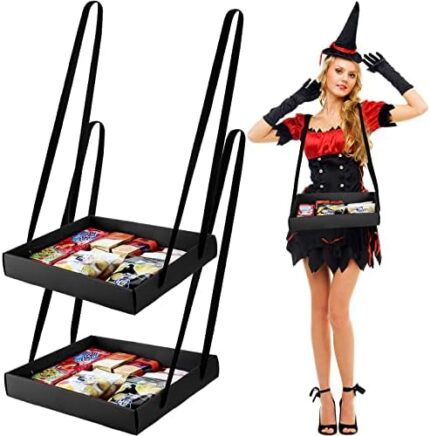 2 Pcs Wearable Party Tray Snack and Beverage Carrier Foldable Drink Carriers Drink Holder Movie Snack Trays with Strap Halloween Costume Accessory Prop with 4 Ribbons, 2 x 11 x 13 Inches (Black)