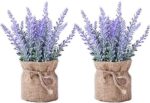 2 Piece Burlap Potted Lavender Flowers - Artificial Fake Flower and Plant Flocked Charming Purple for Warm and Loving Home or Venue Decor (PURPLE)