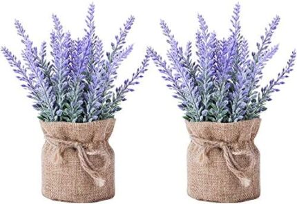 2 Piece Burlap Potted Lavender Flowers - Artificial Fake Flower and Plant Flocked Charming Purple for Warm and Loving Home or Venue Decor (PURPLE)