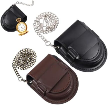 2Pcs Vintage Watch Pocket with Chain, Denim Leather Case Jewelry Box Man Male Waist Bag Belt Timepiece Pouch Accessories