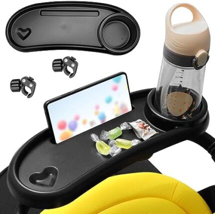 3 In 1 Stroller Cup Holder with Snack Tray & Phone Holder, Universal Stroller Snack Tray for Baby Bottle, Removable Stroller Cup Holder Stroller Attachment Stroller Accessories for Watch Video, Travel