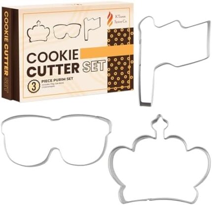 3 Piece Purim Cookie Cutter - Stainless Steel, Purim Themed Shapes - Flag, Crown, Eye Mask - Food Safe, Cookie Cutter - Packaged in Elegant Gift Box