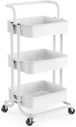 3-Tier Rolling Utility Cart, Multifunctional Metal Organization Storage Cart with 2 Lockable Wheels for Office, Home, Kitchen, Bedroom, Bathroom, Laundry Room by Pipishell (White)