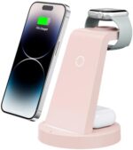 3 in 1 Charging Station for iPhone, Wireless Charger for iPhone 15 14 13 12 11 X Pro Max & Apple Watch - Charging Stand Dock for AirPods (Pink)