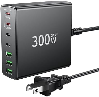 300W USB C Fast Charger Block: 7 Port Fast Charging Station Dual PD PPS 100W for iPhone 15/14/Pro Max/12 Galaxy Note23 Laptop Power Adapter for MacBook Pro/Air for iPad DELL HP Surface (Dark Black)