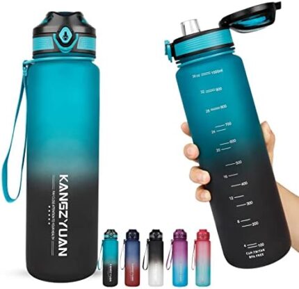 32 OZ Water Bottle, 1 Litre Large Capacity Sport Motivational Water Bottles BPA Free, Tritan Material, Flip Lid, Leakproof Security Lock for Fitness Gym Camping Cycling Traveling Office School (Cyan-blue/Black Gradient)