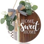 3D Welcome Front Door Wreath Porch Decor, Wooden Home Sweet Home Boho Outdoor Sign Hanging, Farmhouse Aztec Wall Sign Hanger with Artificial Leaves&Rustic Beads