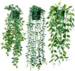 3Pack Artificial Hanging Plants, Fake Plants Potted Greenery Decor Indoor, Eucalyptus Mandala Snow Pea Vine in Pot Plants for Home Office Bedroom Indoor Outdoor Decor