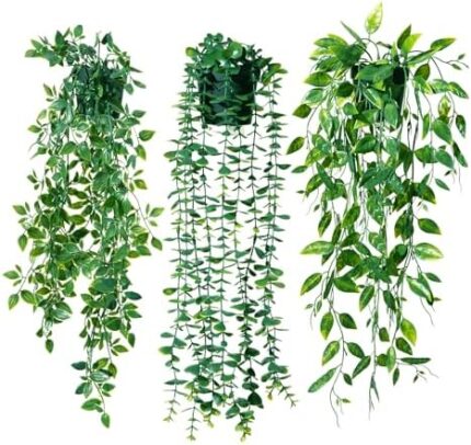 3Pack Artificial Hanging Plants, Fake Plants Potted Greenery Decor Indoor, Eucalyptus Mandala Snow Pea Vine in Pot Plants for Home Office Bedroom Indoor Outdoor Decor