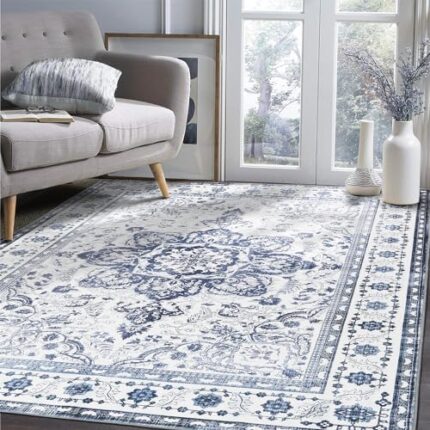 3x5 Rugs for Bedrooms Dining Room Under Table Low Pile Area Rugs for Living Room Machine Washable Boho Rug for Kitchen Entrance Indoor Stain Resistant Small Carpet(Blue,3x5ft)