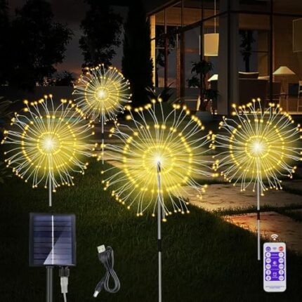 4 Pack Solar Garden Lights Solar Firework Lights with 8 Modes Solar Outdoor Lights Waterproof DIY Landscape Lights with 2 Charging Methods for Garden Patio Party Path Decor (Warm White)