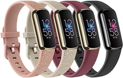 4 Pack Sport Bands Compatible with Fitbit Luxe Bands for Women Men, Soft Silicone Replacement Sport Straps Wristbands for Fitbit Luxe Fitness and Wellness Tracker (Small, 001, Glistening Rose Gold, Glistening Champagne Gold, Wine Red, Black)