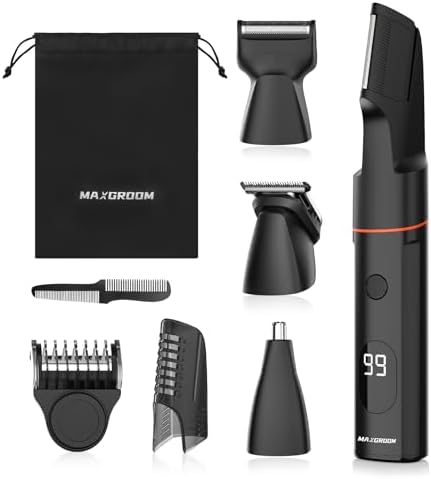 4 in 1 Body Hair Trimmer for Men, MAXGROOM Waterproof Groin & Pubic Trimmer for Men, Intimate Area Shaver with Adjustable Limit Comb, 4 Interchangeable Trimming Heads & Travel Pouch (Black)