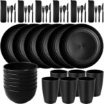 42 Piece Wheat Straw Dinnerware Sets | Unbreakable, Microwave Safe, Dishwasher Safe | Lightweight Dinnerware Set | Reusable, Dorm Room Essentials, Dishes Set for 6 | Dishes | Dish Set, Black