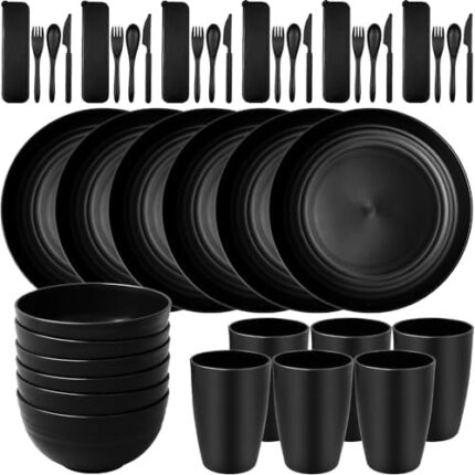 42 Piece Wheat Straw Dinnerware Sets | Unbreakable, Microwave Safe, Dishwasher Safe | Lightweight Dinnerware Set | Reusable, Dorm Room Essentials, Dishes Set for 6 | Dishes | Dish Set, Black