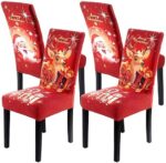 4PCS Christmas Dining Chair Covers, Stretch Removable Washable Dining Room Chair Protector Slipcovers, Santa Claus Deer Kitchen Chair Cover, Slipcovers Protector for Xmas Holiday Party Home Décor