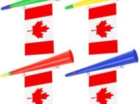 4Pcs Vuvuzela Stadium Horns with Canada Flag, Plastic Air Horn Noise Makers, Loud Blow Horn Noisemakers Toys for Sporting Events Games Supplies Canada Day Accessories School Sports Football Party