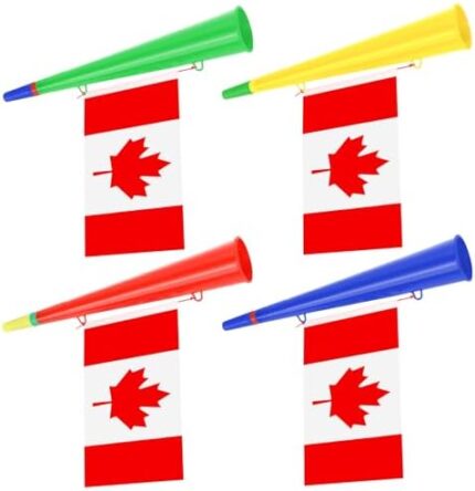 4Pcs Vuvuzela Stadium Horns with Canada Flag, Plastic Air Horn Noise Makers, Loud Blow Horn Noisemakers Toys for Sporting Events Games Supplies Canada Day Accessories School Sports Football Party