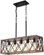 5-Light Dining Room Light Fixture, KEESFU Farmhouse Kitchen Island Lighting,Adjustable Height Pendant Light, Rustic Linear Chandelier for Kitchen, Dining Room Table, Pool Table. (Wood Grain Color)