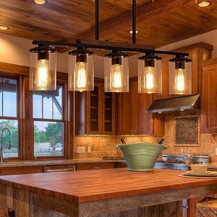 5-Light Dining Room Light Fixture,Kitchen Island Lighting Farmhouse Chandeliers for Dining Room with Clear Glass Shade Rustic Wood Chandelier Kitchen Pendant Light Fixtures