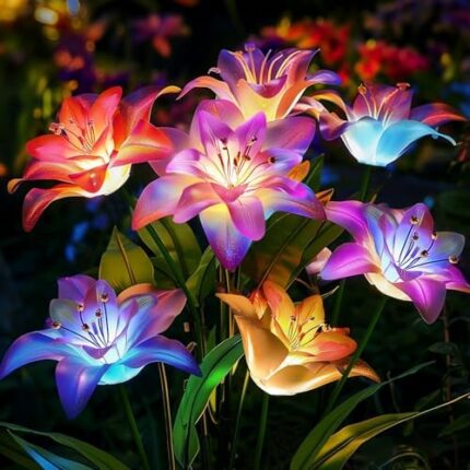 6 Pack Solar Garden Lights, Solar Lights Outdoor Waterproof with Lily Solar Flowers, Solar Lights for Outside Garden Decor, Outdoor Solar Lights for Yard Patio, Solar Pathway Lights Outdoor Decor