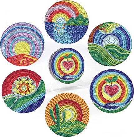 6 Pcs Diamond Painting Coasters Kit with Holder Diamond Art Kits Coasters for Wooden Table Absorbent Coasters for Drinks Coaster Home Furnishings Crafts for Adults DIY Kits for Adults Kids Gift