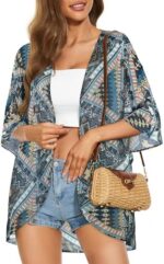 ADOREJOY Women's Tops Summer Kimono Cardigan Floral Print Puff Sleeve Swimsuit Cover Up Casual Loose Fit Blouse