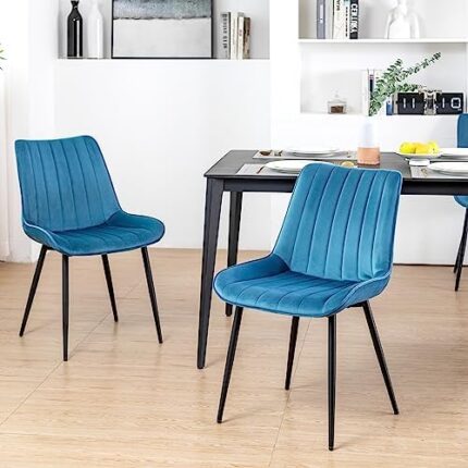 ALEAVIC Modern Dining Chairs Set of 2, Mid Century Dining Room Chairs, Velvet Dining Chairs, Upholstered Dining Chair with Metal Legs for Home, Kitchen, Living Room (Blue)