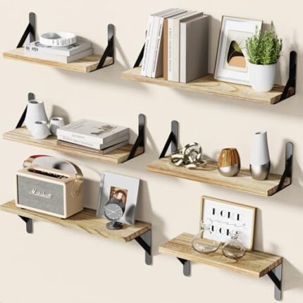 AMADA HOMEFURNISHING Wall Shelves Set of 6, Wood Floating Shelves for Wall Decor, Rustic Farmhouse Wall Shelves for Bedroom, Bathroom Shelves for Wall Storage, Book Shelves for Living Room